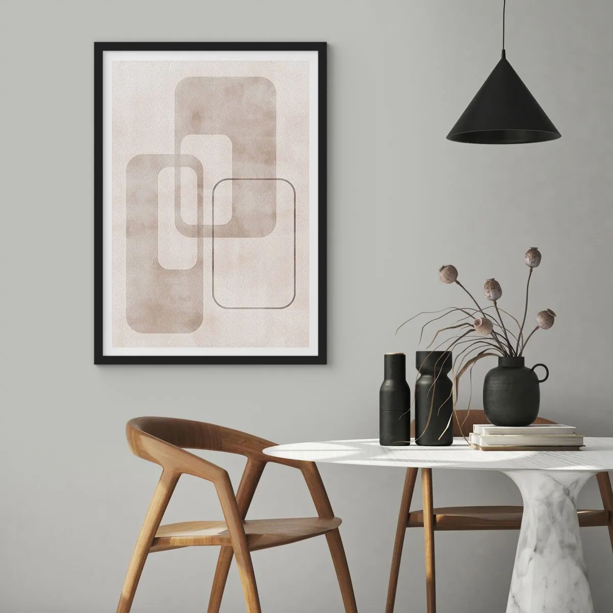Poster in einem schwarzem Rahmen - Minimalistische geometrische Formen in Beigetönen - 50x70cm - Geometrische Fuge - Moderne Wanddekoration für Wohnzimmer und Schlafzimmer ARTTOR