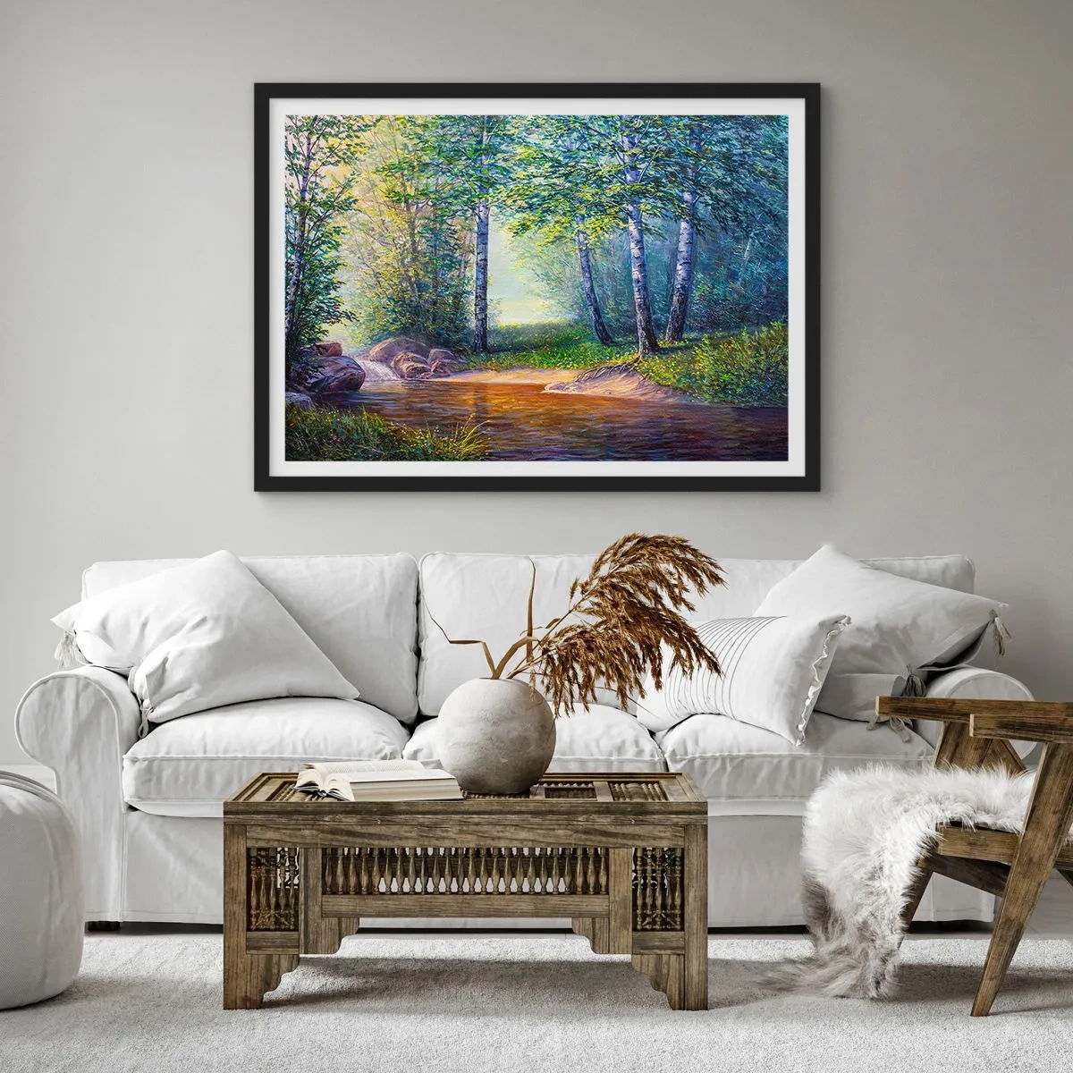 Poster in einem schwarzem Rahmen - Ein Waldbach, umgeben von Birken und Sonnenschein - 100x70cm - Idyllische Landschaft - Moderne Wanddekoration für Wohnzimmer und Schlafzimmer ARTTOR