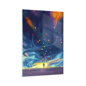Glasbild - Bild auf glas - Eine Figur mit Luftballons vor einem Hintergrund wirbelnder, bunter Wolken - 70x100cm - Zum blauen Wind - Moderne Wanddekoration für Wohnzimmer und Schlafzimmer ARTTOR