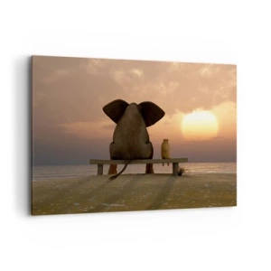 Bild auf Leinwand - Leinwandbild - Ein Elefant und ein Hund sitzen während des Sonnenuntergangs auf einer Bank am Strand. - 100x70cm - Es tut gut zusammen zu schweigen - Moderne Wanddekoration für Wohnzimmer und Schlafzimmer ARTTOR