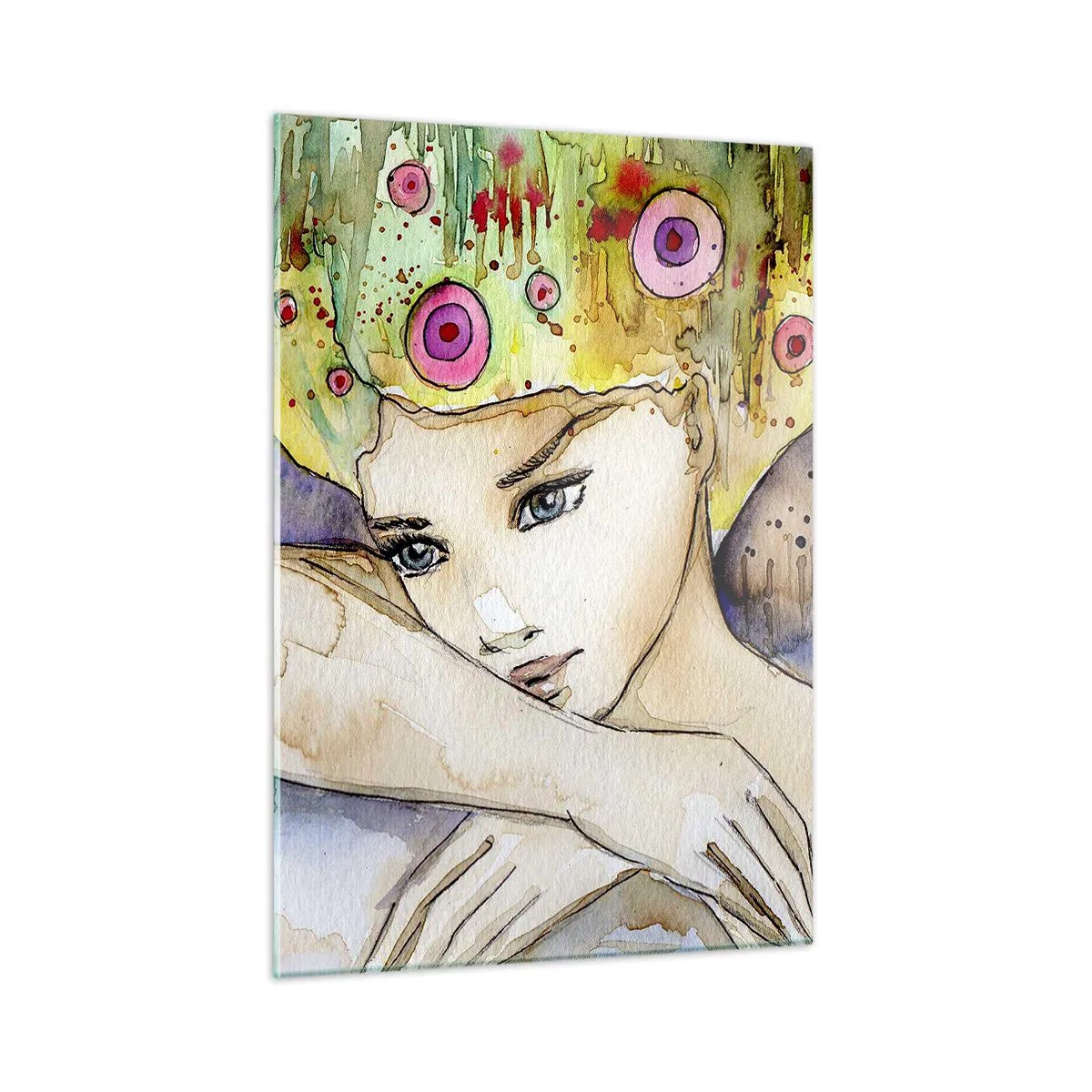 Glasbild - Bild auf glas - Porträt einer Frau mit bunter Frisur und einem Schmetterling in Aquarell - 50x70cm - Schmetterlingsprinzessin - Moderne Wanddekoration für Wohnzimmer und Schlafzimmer ARTTOR