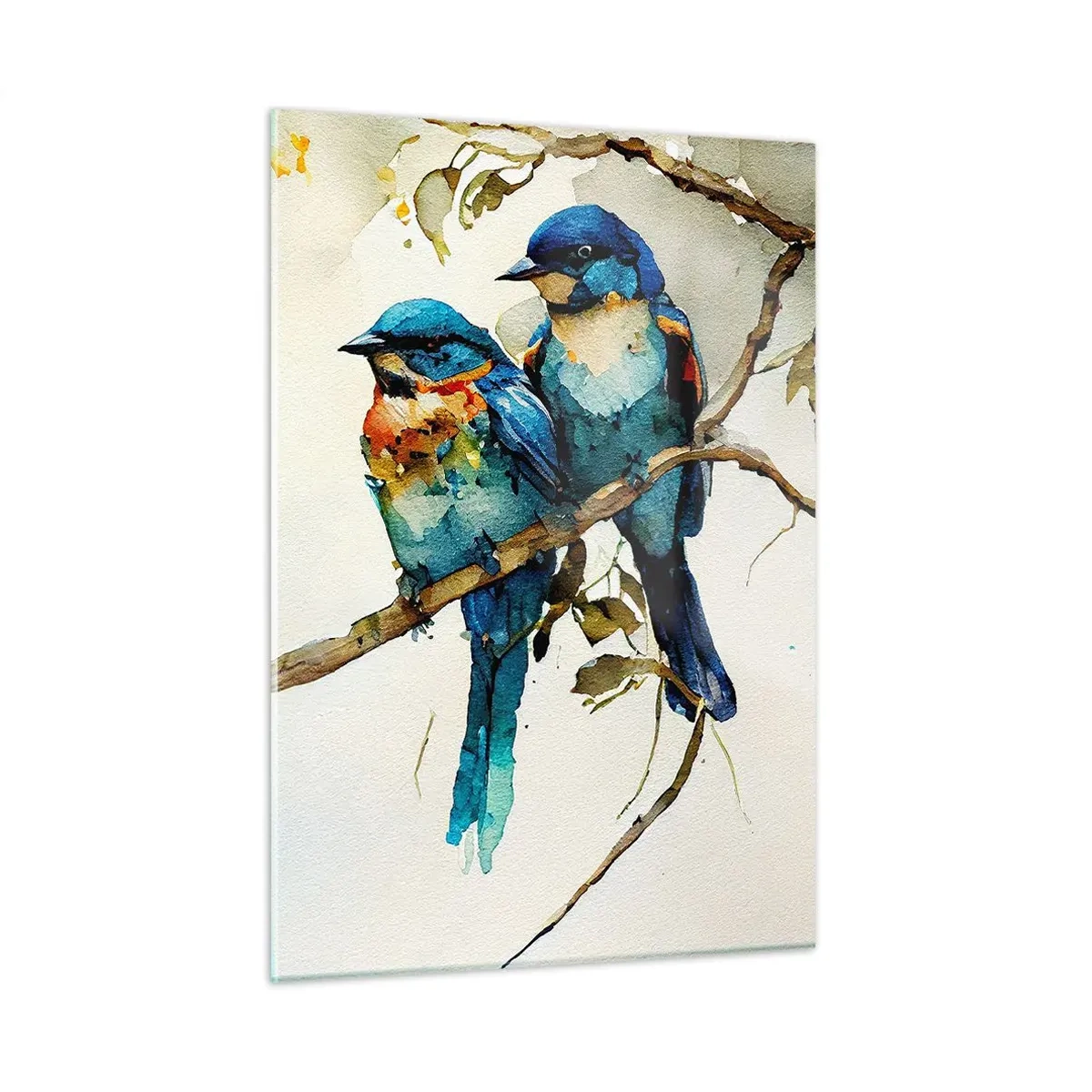 Glasbild - Bild auf glas - Bunte Vögel sitzen auf einem Ast in Aquarell - 50x70cm - War er beleidigt? - Moderne Wanddekoration für Wohnzimmer und Schlafzimmer ARTTOR