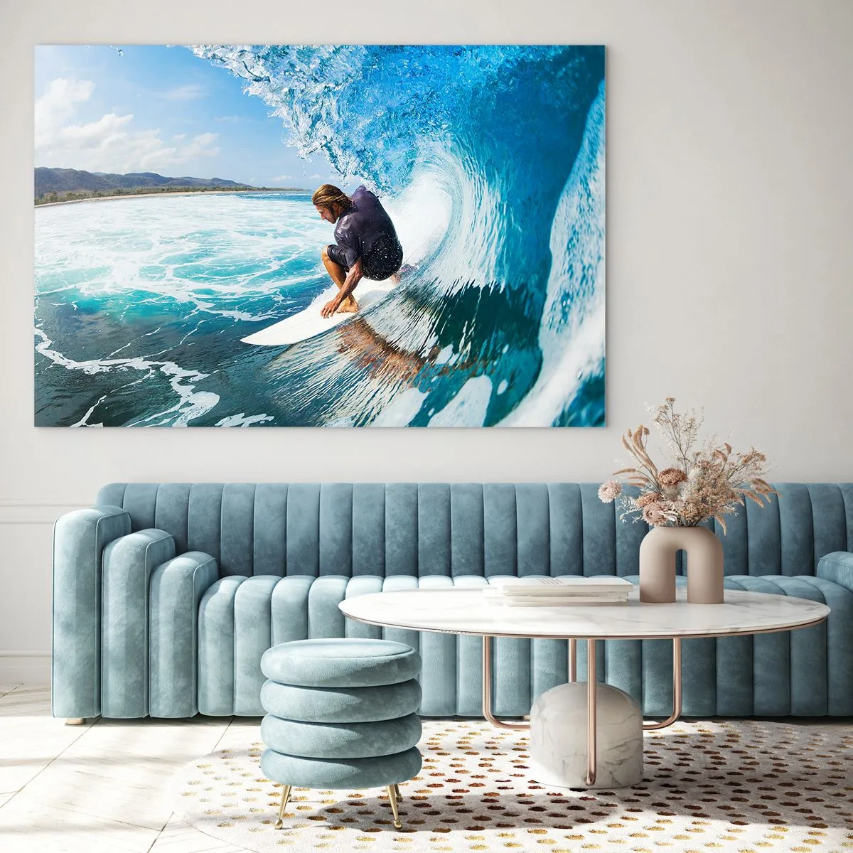 Glasbild - Bild auf glas - Surfer in einem Wassertunnel mit dem Ozean im Hintergrund - 100x70cm - Tanzen mit den Wellen - Moderne Wanddekoration für Wohnzimmer und Schlafzimmer ARTTOR