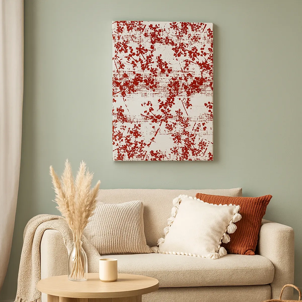 Bild auf Leinwand - Leinwandbild - Rote Blumen auf weißem Hintergrund im künstlerischen Stil - 50x70cm - Wie alter Perkal - Moderne Wanddekoration für Wohnzimmer und Schlafzimmer ARTTOR