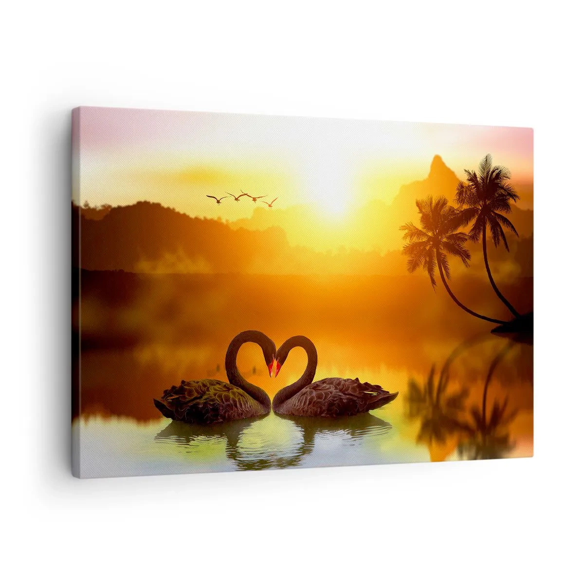 Bild auf Leinwand - Leinwandbild - Zwei schwarze Schwäne bilden ein Herz vor dem Hintergrund eines Sonnenuntergangs am See - 70x50cm - Alles passt zusammen - Moderne Wanddekoration für Wohnzimmer und Schlafzimmer ARTTOR