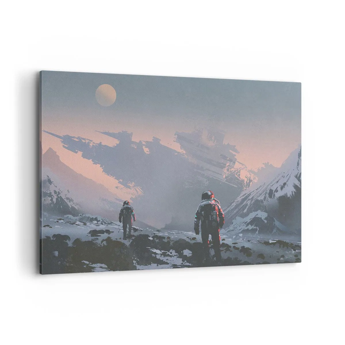 Bild auf Leinwand - Leinwandbild - Astronauten auf einem fremden Planeten mit einem Raumschiffwrack - 120x80cm - Unter einem unbekannten Stern - Moderne Wanddekoration für Wohnzimmer und Schlafzimmer ARTTOR