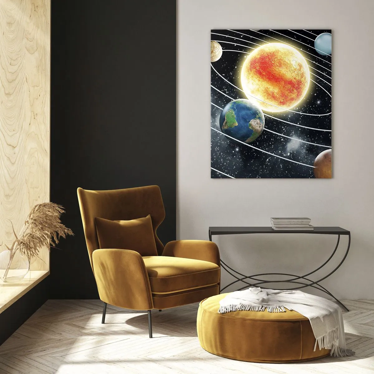 Glasbild - Bild auf glas - Sonnensystem mit Planeten und Sonne im Weltraum - 80x120cm - Kosmischer Tanz - Moderne Wanddekoration für Wohnzimmer und Schlafzimmer ARTTOR