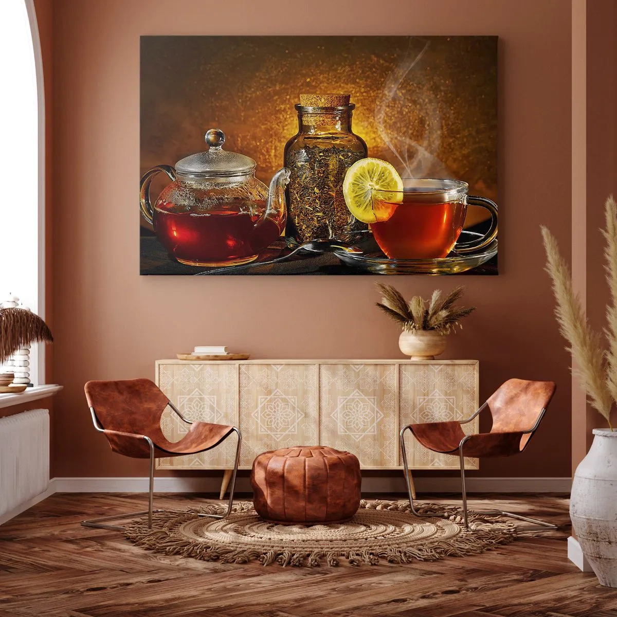 Bild auf Leinwand - Leinwandbild - Tee in einer Glaskanne mit Zitrone und losem Tee - 70x50cm - Im Stil der niederländischen Meister - Moderne Wanddekoration für Wohnzimmer und Schlafzimmer ARTTOR