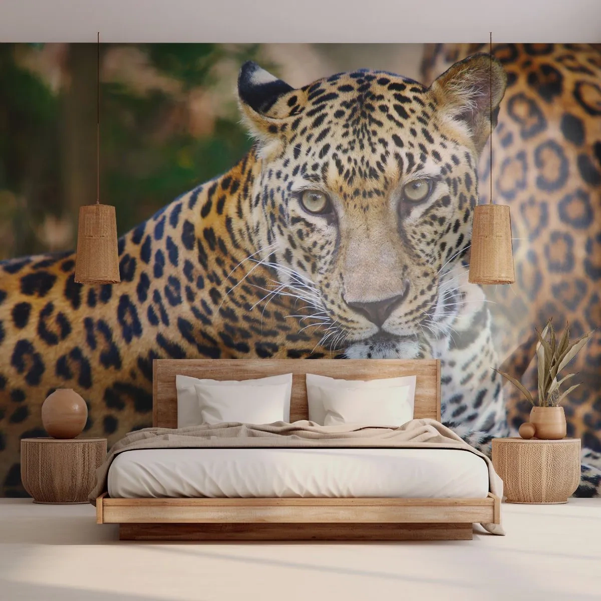 Fototapete Premium Sand - Ein liegender Leopard mit intensivem Blick vor einer Dschungelkulisse. - 100x70cm - Wild und ruhig - Moderne Wanddekoration für Wohnzimmer und Schlafzimmer ARTTOR