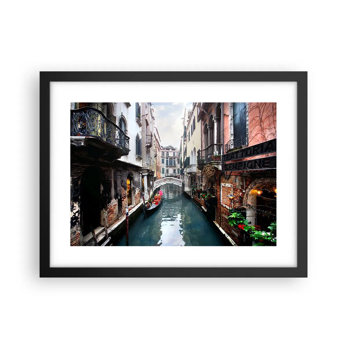 Poster in einem schwarzem Rahmen - Venezianische Landschaft mit Gondel und Brücke - 40x30 cm