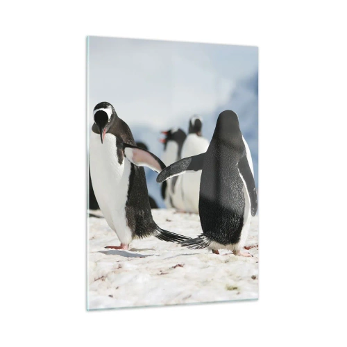 Glasbild - Bild auf glas - Pinguine im Schnee in einer Polarlandschaft - 50x70cm - Tanzen im Schnee - Moderne Wanddekoration für Wohnzimmer und Schlafzimmer ARTTOR