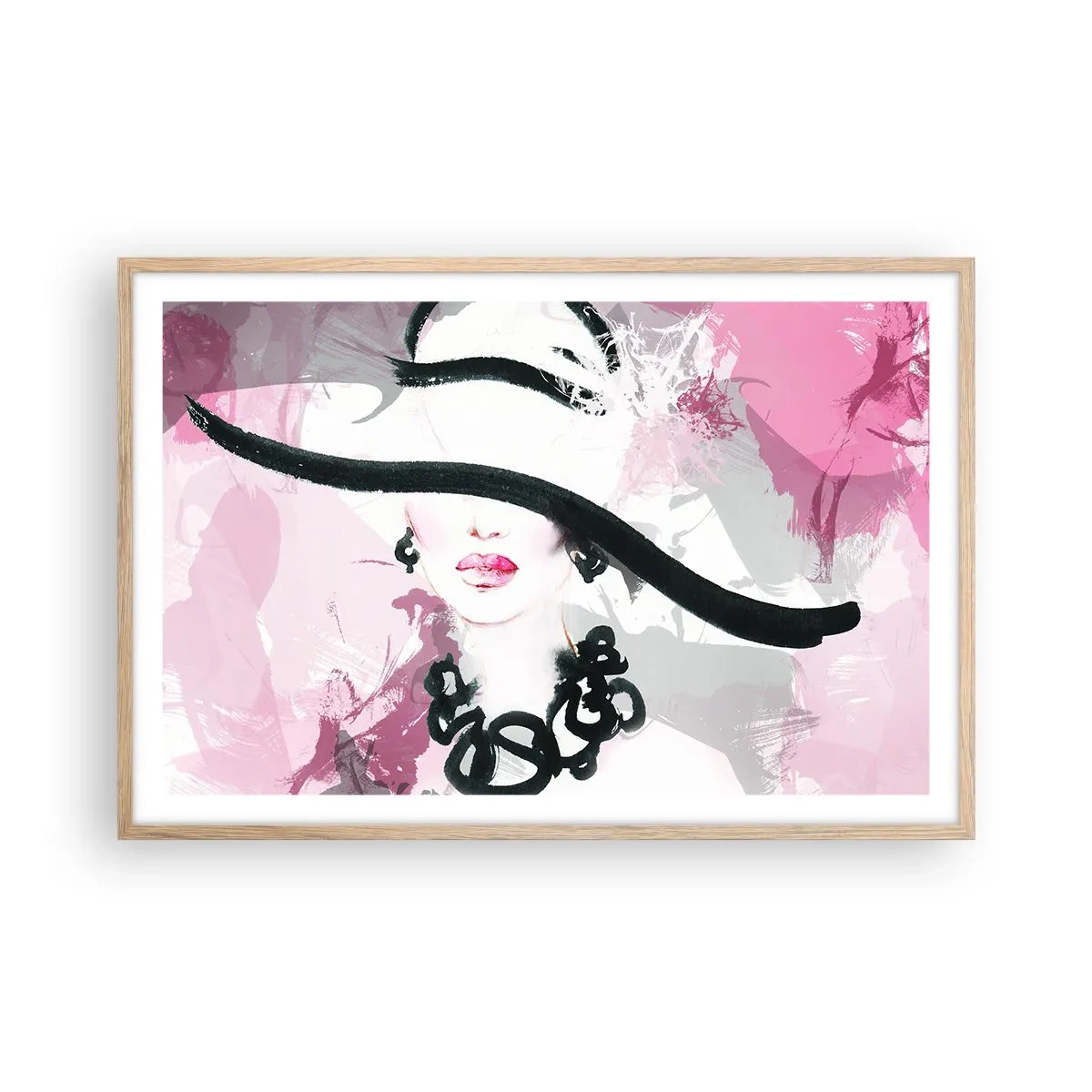 Poster in einem Rahmen aus heller Eiche - Bildnis einer Dame in Schwarz und Pink - 91x61 cm