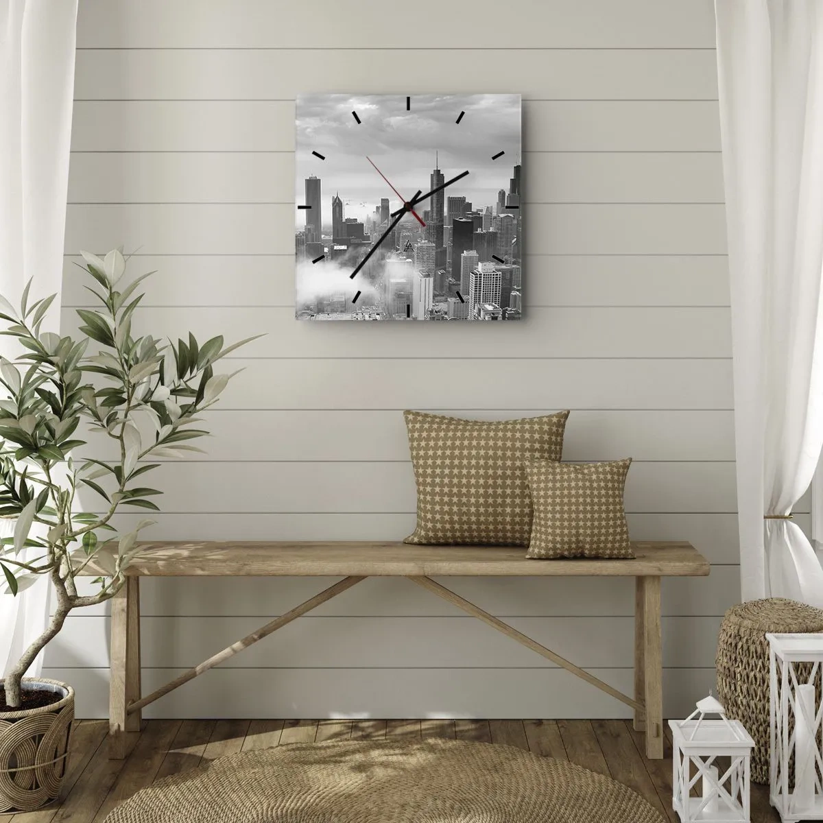 Wanduhr - Glasuhr - Stadtpanorama mit Wolkenkratzern in den Wolken in Schwarzweiß - 30x30cm - Amerikanische Landschaft - Moderne Wanddekoration für Wohnzimmer und Schlafzimmer ARTTOR