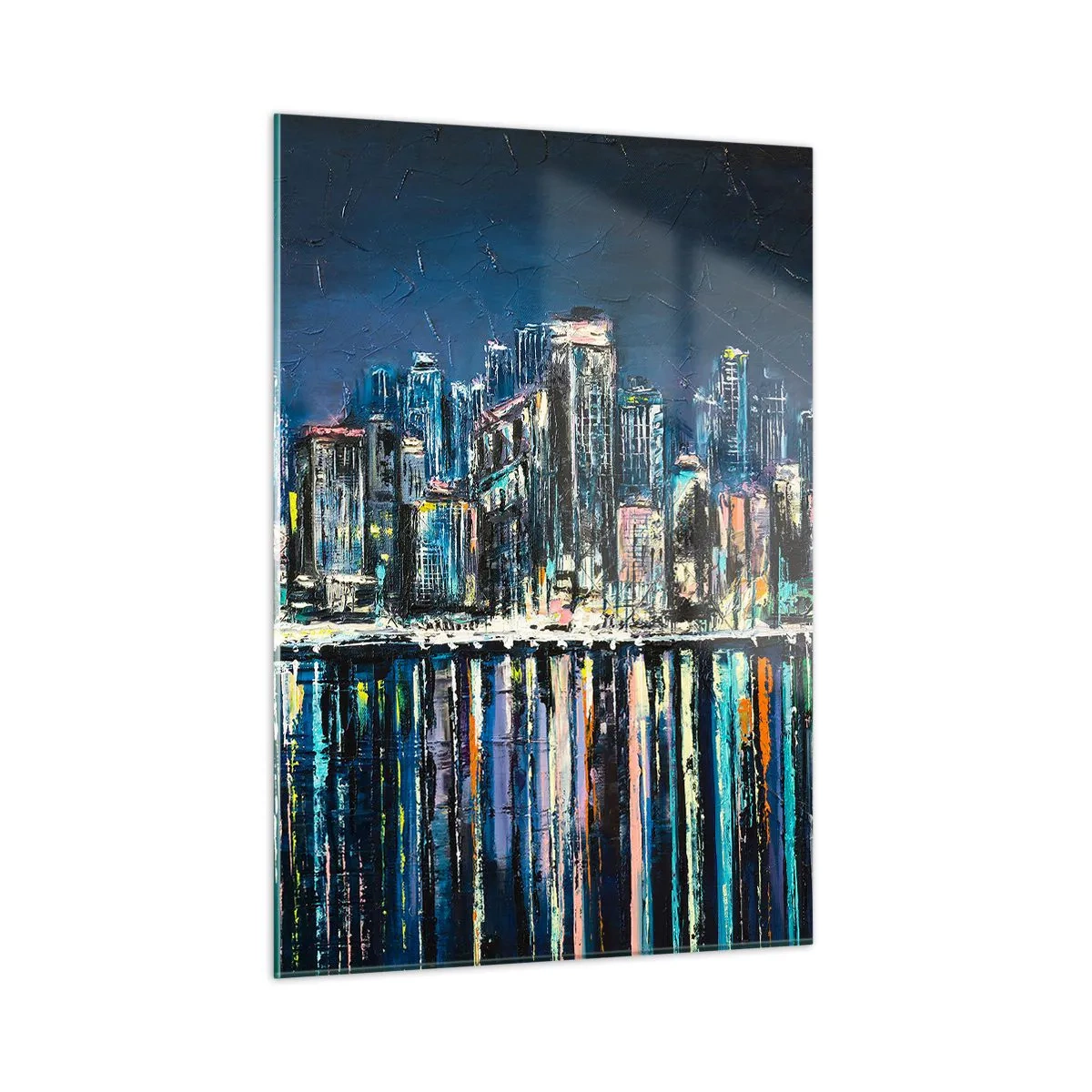 Glasbild - Bild auf glas - Panorama der Stadt bei Nacht mit den im Wasser reflektierten Lichtern - 50x70cm - Kaskade von Lichtern - Moderne Wanddekoration für Wohnzimmer und Schlafzimmer ARTTOR