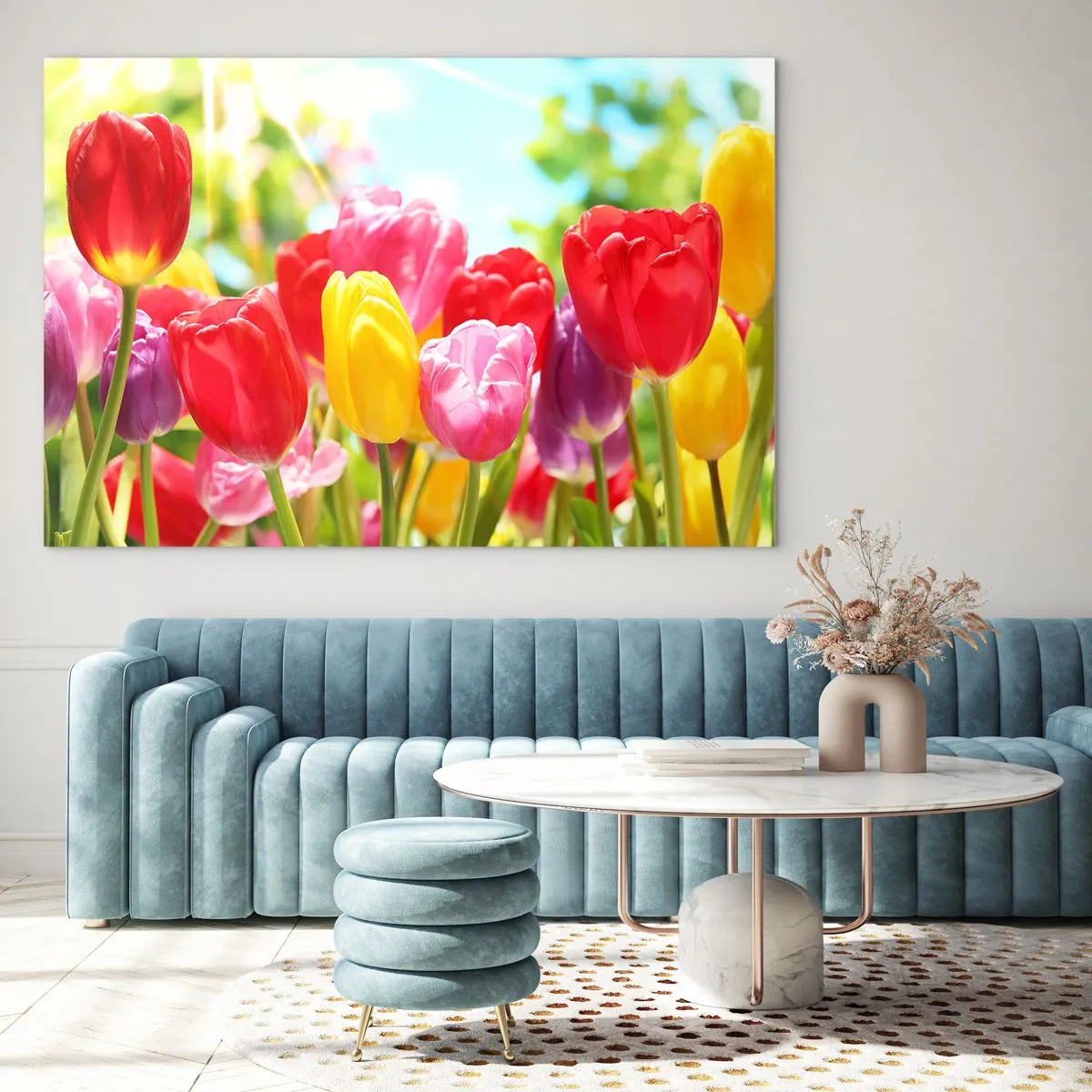 Glasbild - Bild auf glas - Bunte Tulpen im Licht der Frühlingssonne - 70x50cm - Wir sind es, die Farben des Mais! - Moderne Wanddekoration für Wohnzimmer und Schlafzimmer ARTTOR