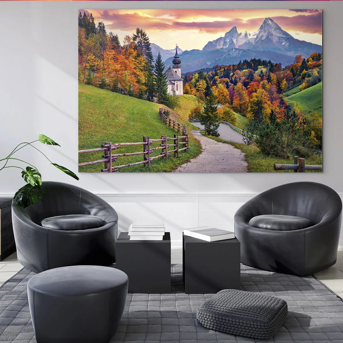 Glasbild - Bild auf glas - Herbstliche Berglandschaft mit einer Kirche und einer durch die Hügel führenden Straße - 70x50cm - Landschaftsartige Malerei - Moderne Wanddekoration für Wohnzimmer und Schlafzimmer ARTTOR