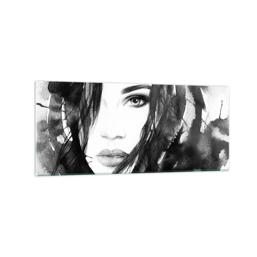 Glasbild - Bild auf glas - Porträt einer Frau in Schwarz-Weiß-Aquarell - 120x50cm - Porträt einer Dame in Schwarzweiß - Moderne Wanddekoration für Wohnzimmer und Schlafzimmer ARTTOR