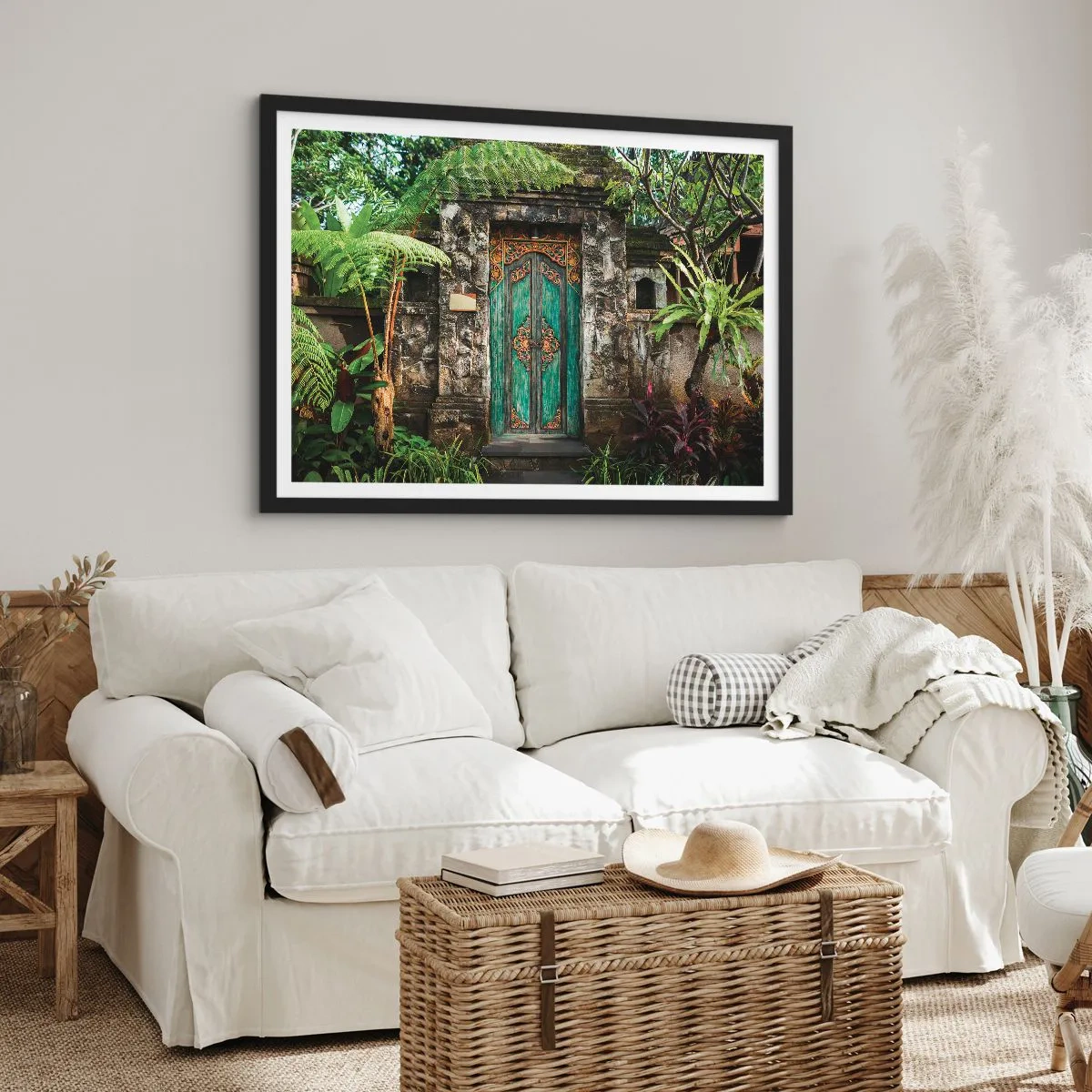 Poster in einem schwarzem Rahmen - Dekorative Türen, umgeben von tropischer Vegetation - 70x50cm - Eine Tür zu einer exotischen Welt - Moderne Wanddekoration für Wohnzimmer und Schlafzimmer ARTTOR