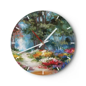 Wanduhr - Glasuhr - Ein farbenfroher Garten mit Blumen und Bäumen im Hintergrund - 30x30cm - Waldgarten, Blumenwald - Moderne Wanddekoration für Wohnzimmer, Küche und Schlafzimmer ARTTOR