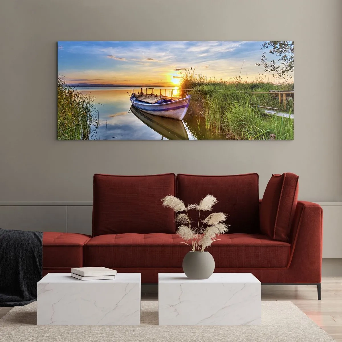 Glasbild - Bild auf glas - Ein Boot in einer ruhigen Bucht bei Sonnenuntergang - 140x50cm - Bucht erfüllter Träume - Moderne Wanddekoration für Wohnzimmer und Schlafzimmer ARTTOR