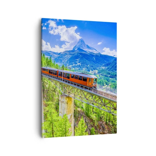 Bild auf Leinwand - Leinwandbild - Eine Achterbahn auf einer Brücke mit Blick auf einen Wasserfall und Berge - 50x70cm - Jetzt sind Alpen dran - Moderne Wanddekoration für Wohnzimmer und Schlafzimmer ARTTOR