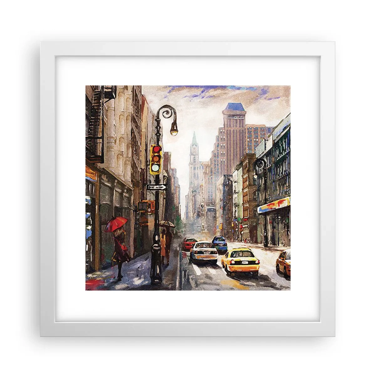 Poster in einem weißen Rahmen - New York - auch im Regen bunt - 30x30 cm