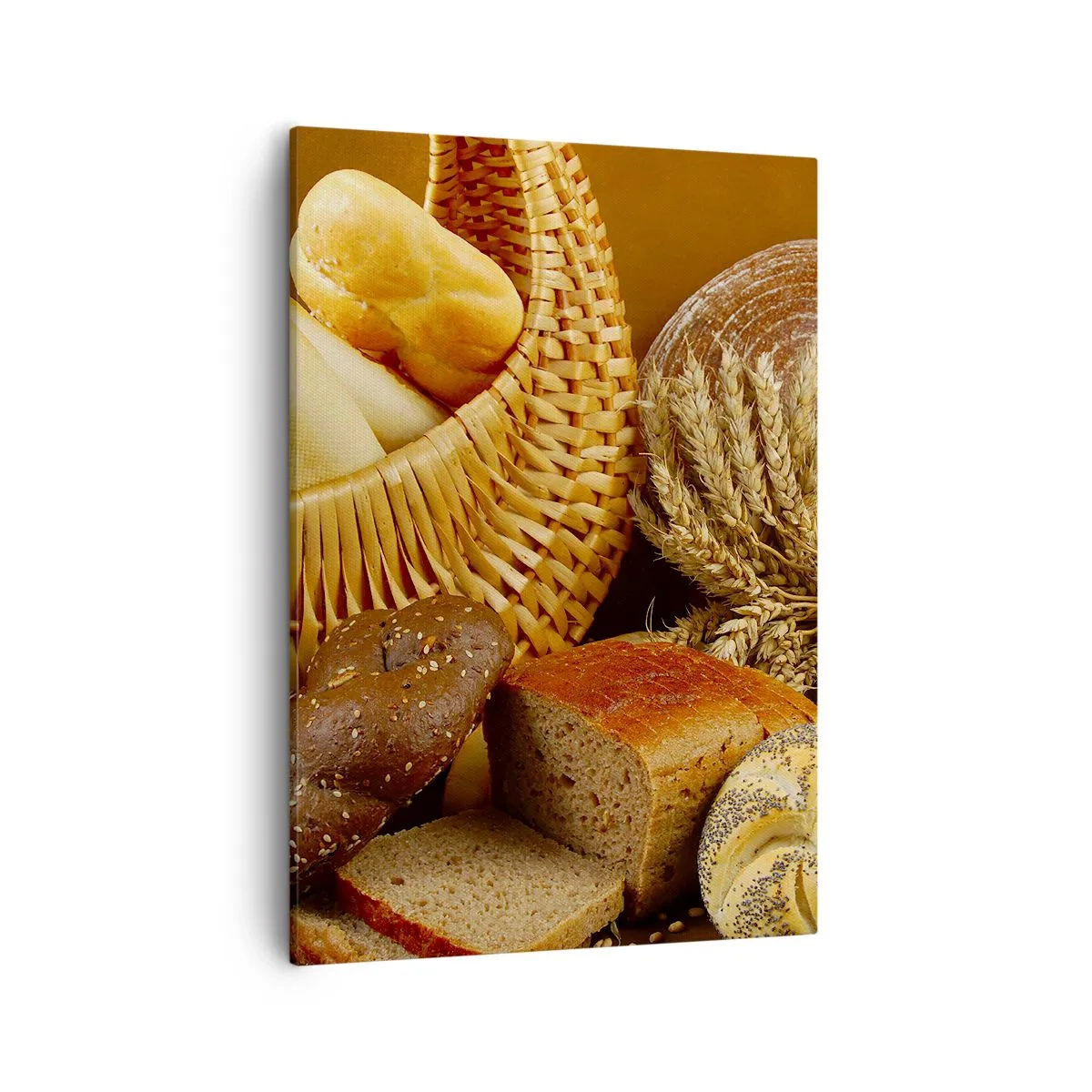 Bild auf Leinwand - Leinwandbild - Verschiedene Brotsorten in einem Weidenkorb auf goldenem Hintergrund - 50x70cm - Wir sind wieder davongekommen - Moderne Wanddekoration für Wohnzimmer und Schlafzimmer ARTTOR