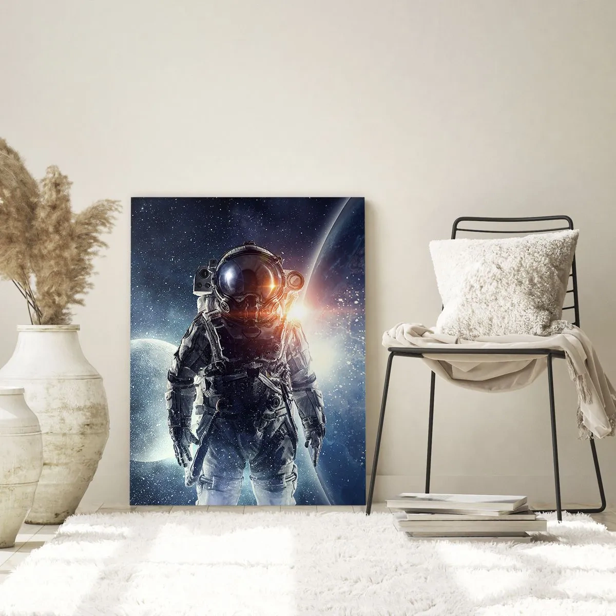 Glasbild - Bild auf glas - Astronaut vor dem Hintergrund von Planeten und Sternen - 50x70cm - Weltraumabenteuer - Moderne Wanddekoration für Wohnzimmer und Schlafzimmer ARTTOR
