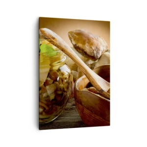 Bild auf Leinwand - Leinwandbild - Natürliche Pilze in einem Glas auf einem rustikalen Tisch - 50x70cm - Ob frisch oder gesalzen, oder in der Herbstsaison ... - Moderne Wanddekoration für Wohnzimmer und Schlafzimmer ARTTOR