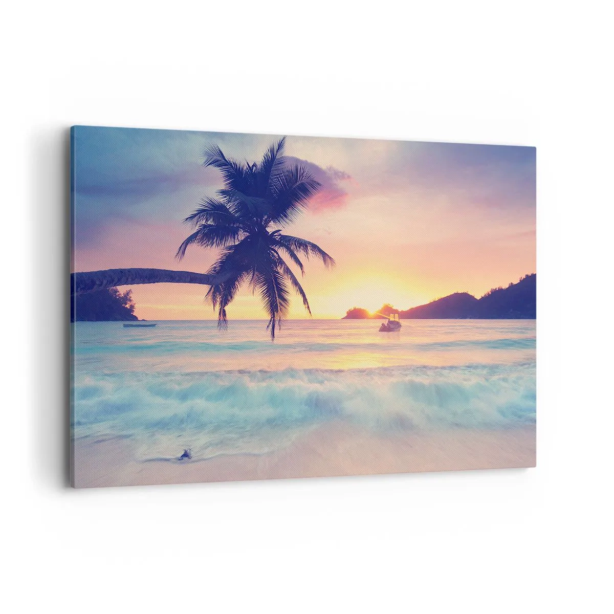 Bild auf Leinwand - Leinwandbild - Strand mit Palmen und Sonnenuntergang über dem Meer - 100x70cm - Ein Abend in der Bucht - Moderne Wanddekoration für Wohnzimmer und Schlafzimmer ARTTOR