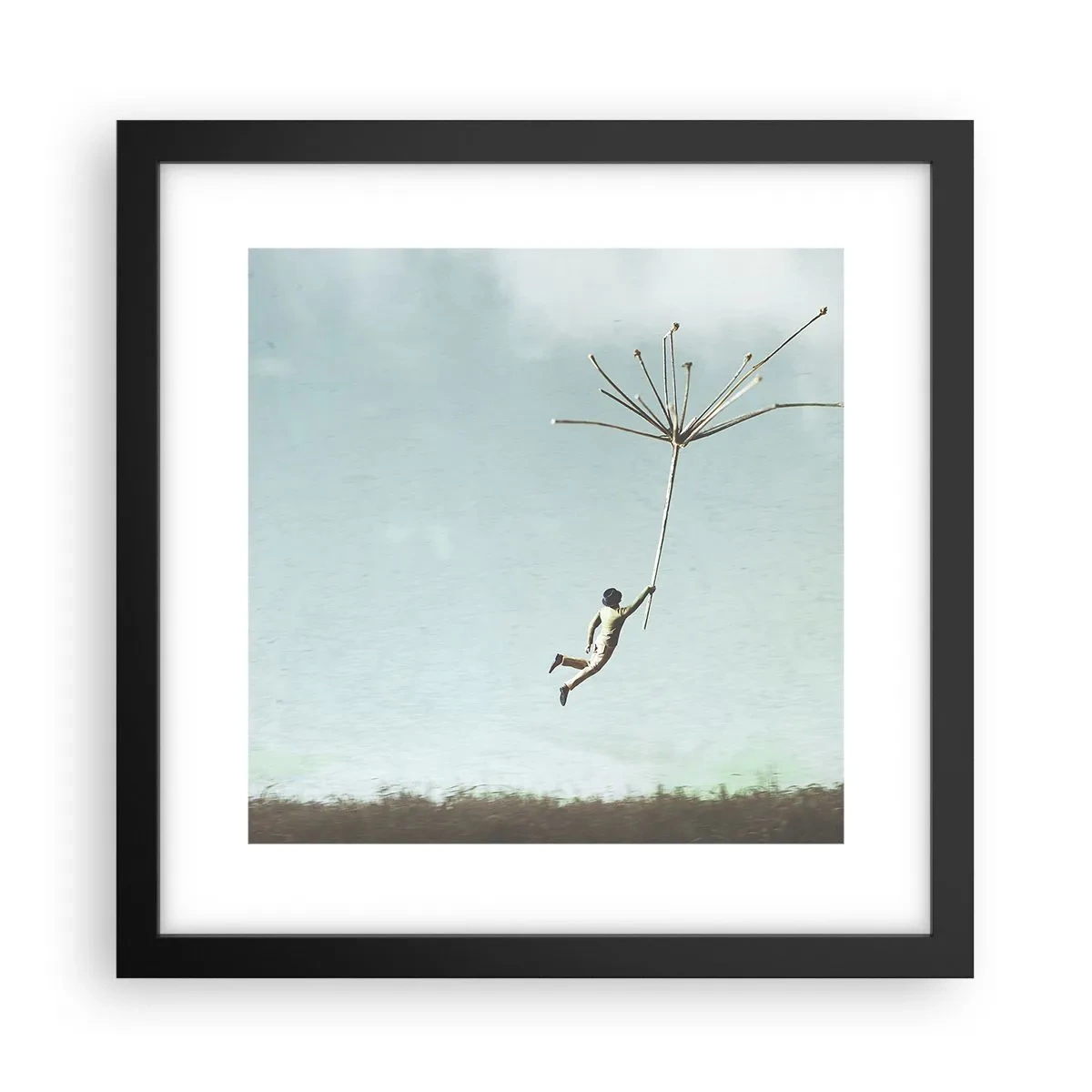 Poster in einem schwarzem Rahmen - Drachen, Löwenzahn, Wind - 30x30 cm