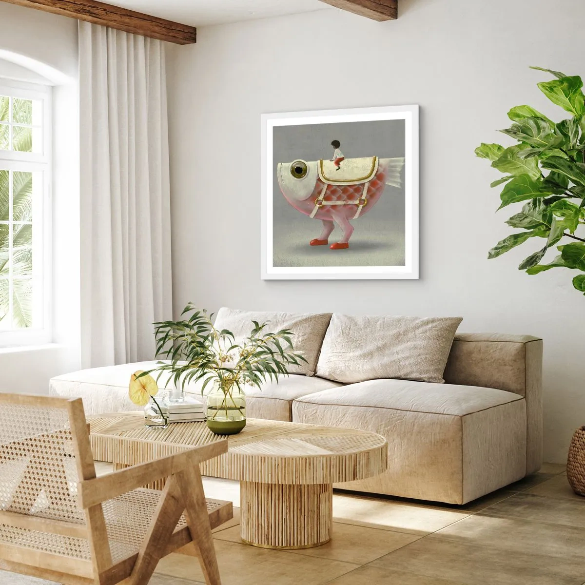 Poster in einem weißen Rahmen - Reiter auf einem surrealen Fisch - 40x40 cm