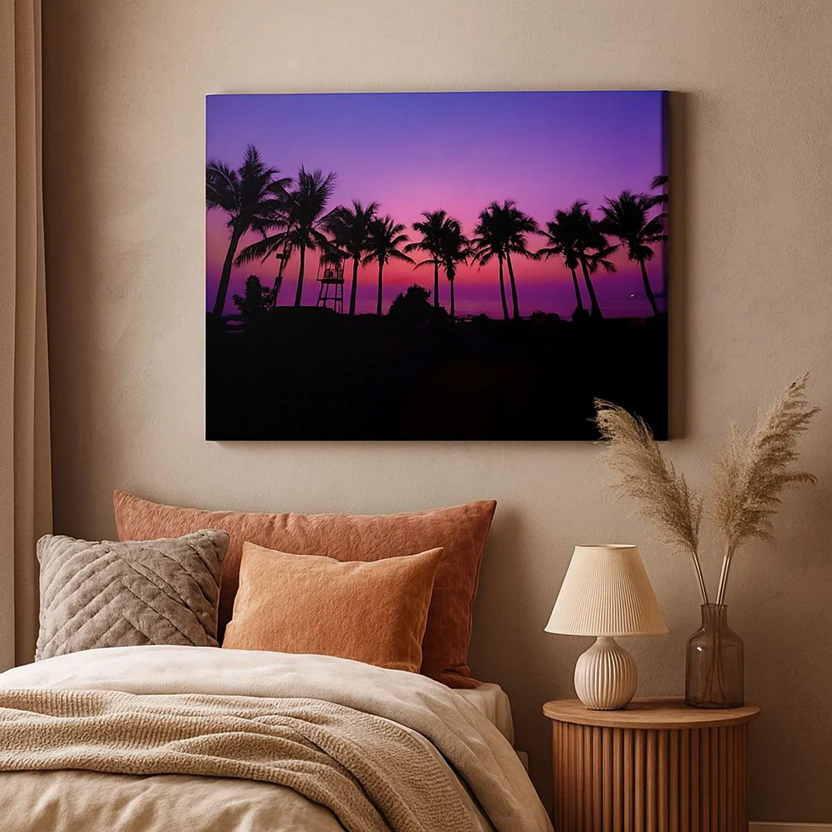 Bild auf Leinwand - Leinwandbild - Silhouetten von Palmen vor einem rosa-violetten Sonnenuntergangshimmel - 70x50cm - Abend unter Palmen - Moderne Wanddekoration für Wohnzimmer und Schlafzimmer ARTTOR