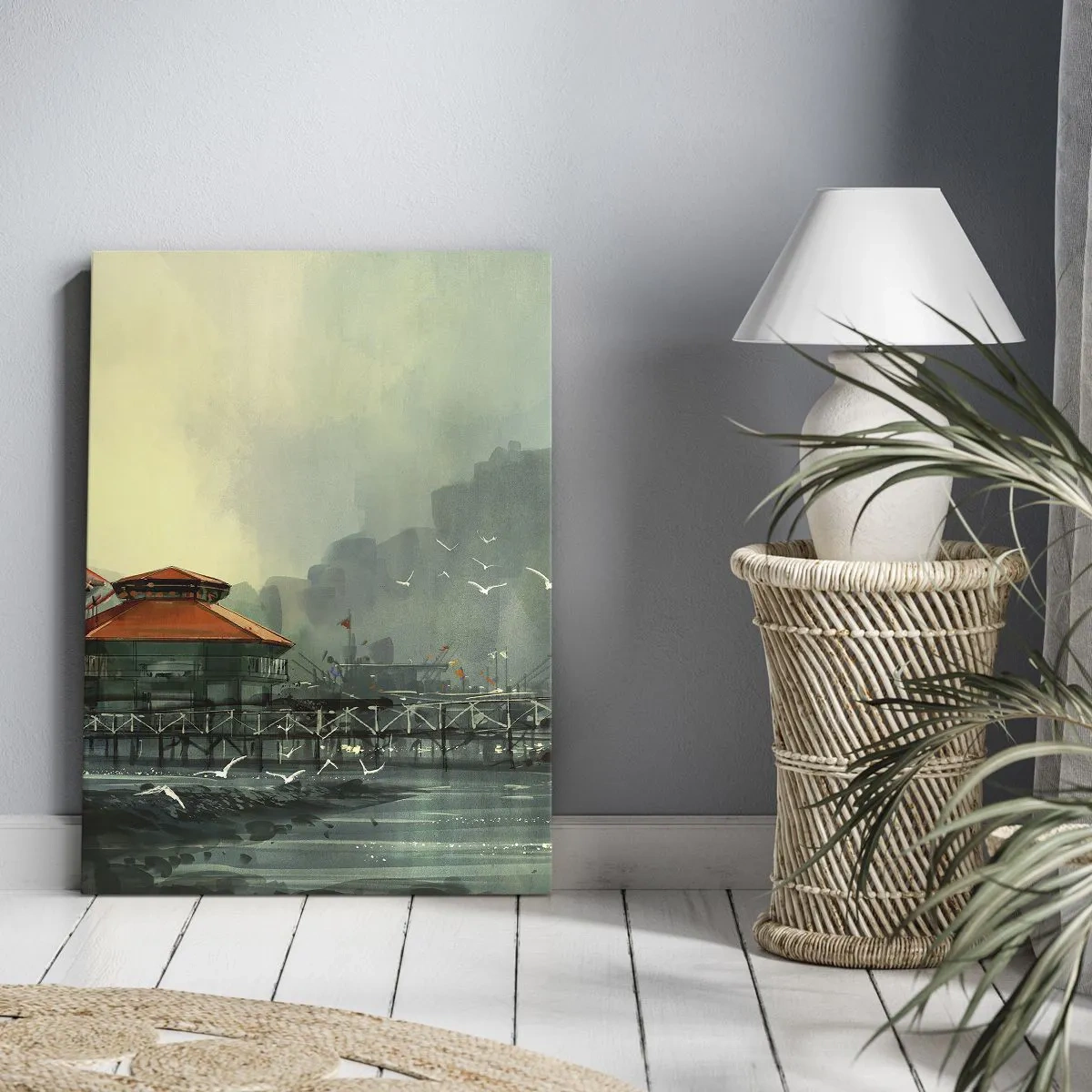 Bild auf Leinwand - Leinwandbild - Hafengebäude in einer regnerischen Landschaft mit Möwen - 80x120cm - Ein sonniger Tag im Hafen - Moderne Wanddekoration für Wohnzimmer und Schlafzimmer ARTTOR