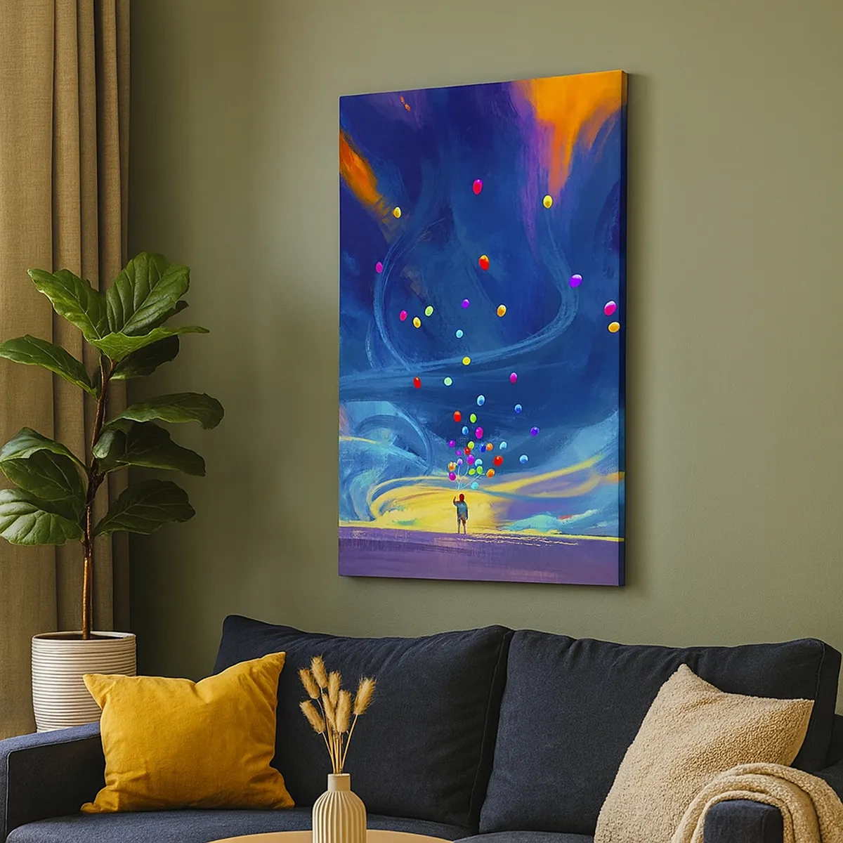 Bild auf Leinwand - Leinwandbild - Eine Figur mit Luftballons vor einem Hintergrund wirbelnder, bunter Wolken - 50x70cm - Zum blauen Wind - Moderne Wanddekoration für Wohnzimmer und Schlafzimmer ARTTOR