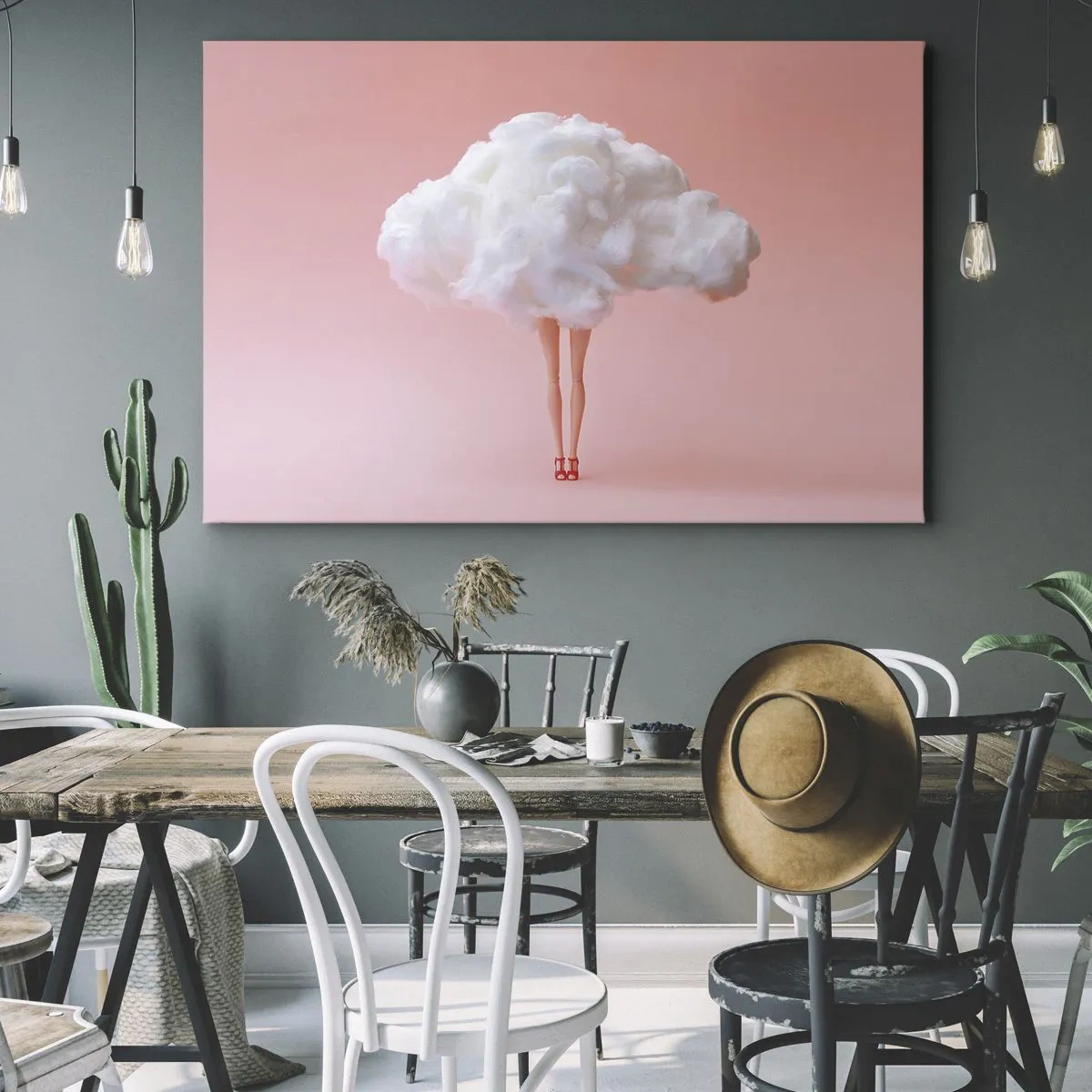 Bild auf Leinwand - Leinwandbild - Beine in einer Wolke auf rosa Hintergrund - 70x50cm - Süßes Versprechen - Moderne Wanddekoration für Wohnzimmer und Schlafzimmer ARTTOR