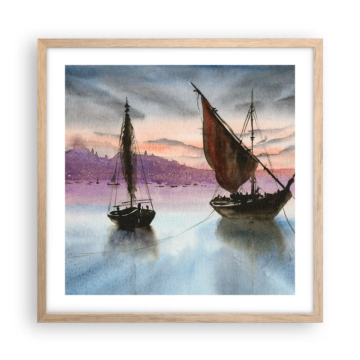 Poster in einem Rahmen aus heller Eiche - Abend am Hafen - 50x50 cm