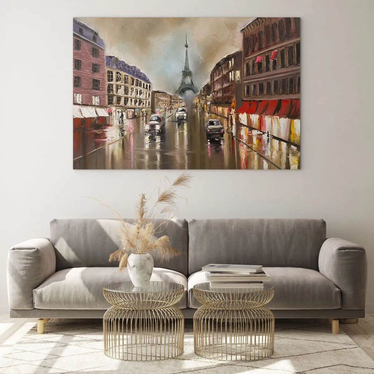 Glasbild - Bild auf glas - Abendliche Straße von Paris mit Blick auf den Eiffelturm - 70x50cm - Nur sie zählt - Moderne Wanddekoration für Wohnzimmer und Schlafzimmer ARTTOR