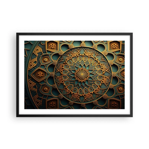 Poster in einem schwarzem Rahmen - Ein goldenes Mandala auf türkisfarbenem Hintergrund mit vielen Details. - 70x50cm - In arabischer Atmosphäre - Moderne Wanddekoration für Wohnzimmer und Schlafzimmer ARTTOR