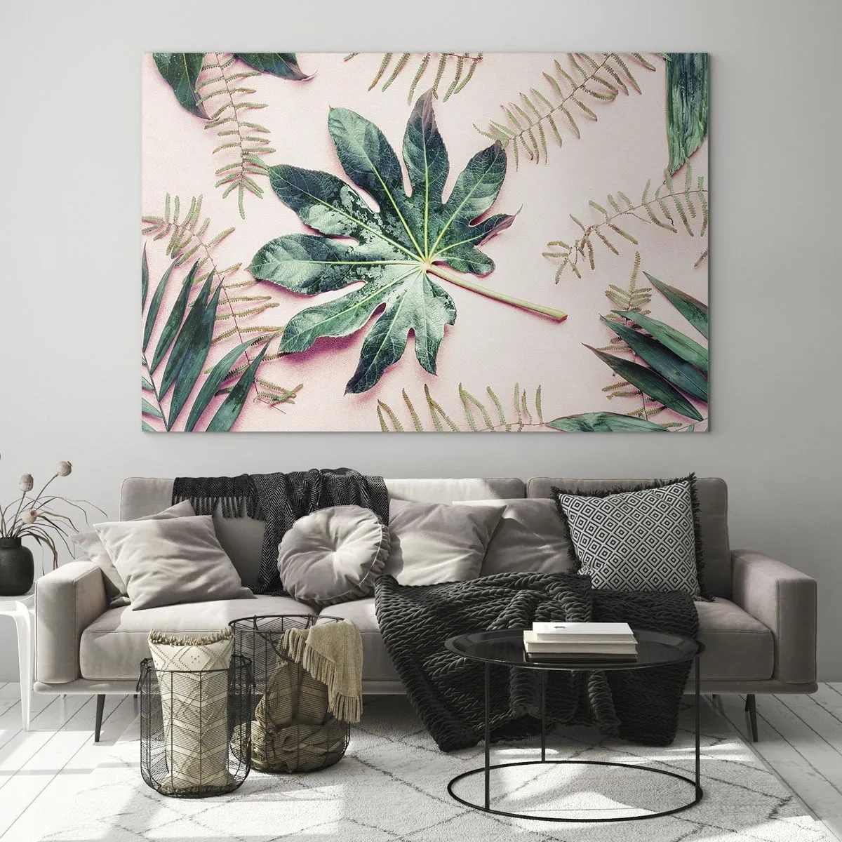 Glasbild - Bild auf glas - Tropische Blätter auf pastellfarbenem Hintergrund - 100x70cm - Eine Studie von Grün auf einem rosa Hintergrund - Moderne Wanddekoration für Wohnzimmer und Schlafzimmer ARTTOR