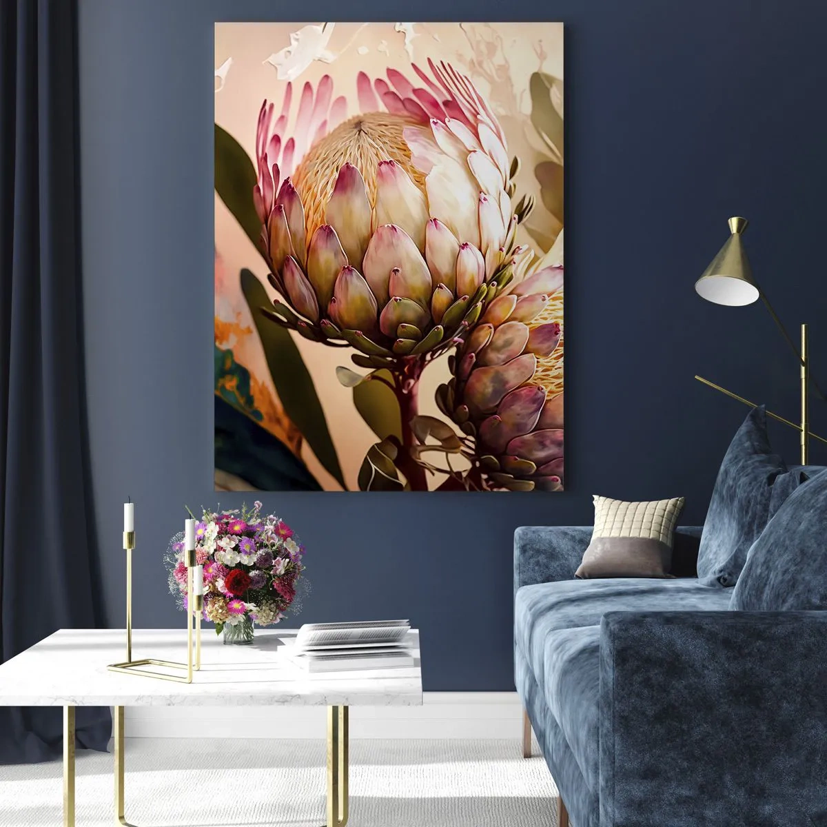 Glasbild - Bild auf glas - Bunte Protea-Blüten auf zartem Hintergrund - 80x120cm - Zärtlich umarmt - Moderne Wanddekoration für Wohnzimmer und Schlafzimmer ARTTOR