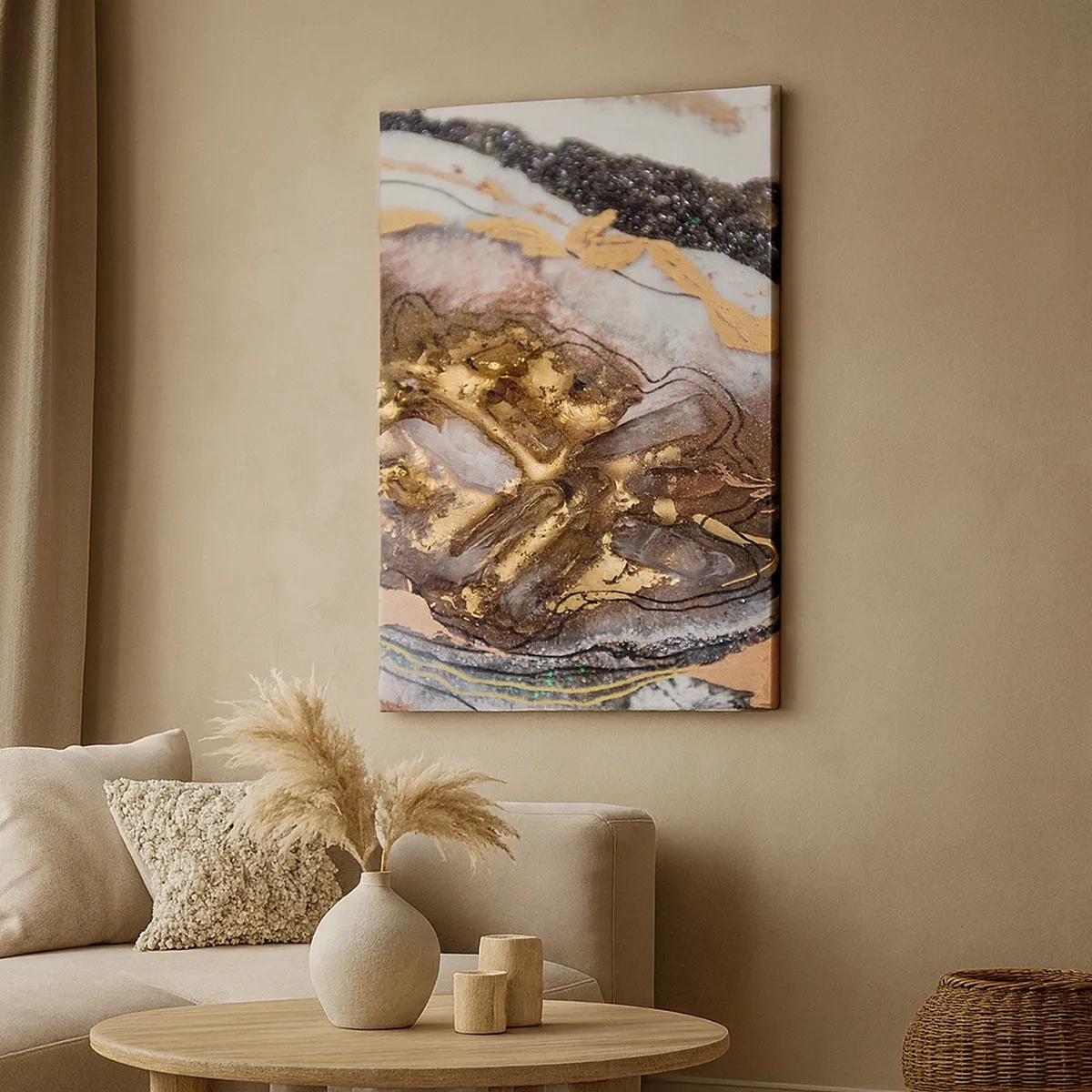 Bild auf Leinwand - Leinwandbild - Abstrakte Komposition mit Elementen aus Gold und Kristallen - 50x70cm - Das Element der Erde - Moderne Wanddekoration für Wohnzimmer und Schlafzimmer ARTTOR