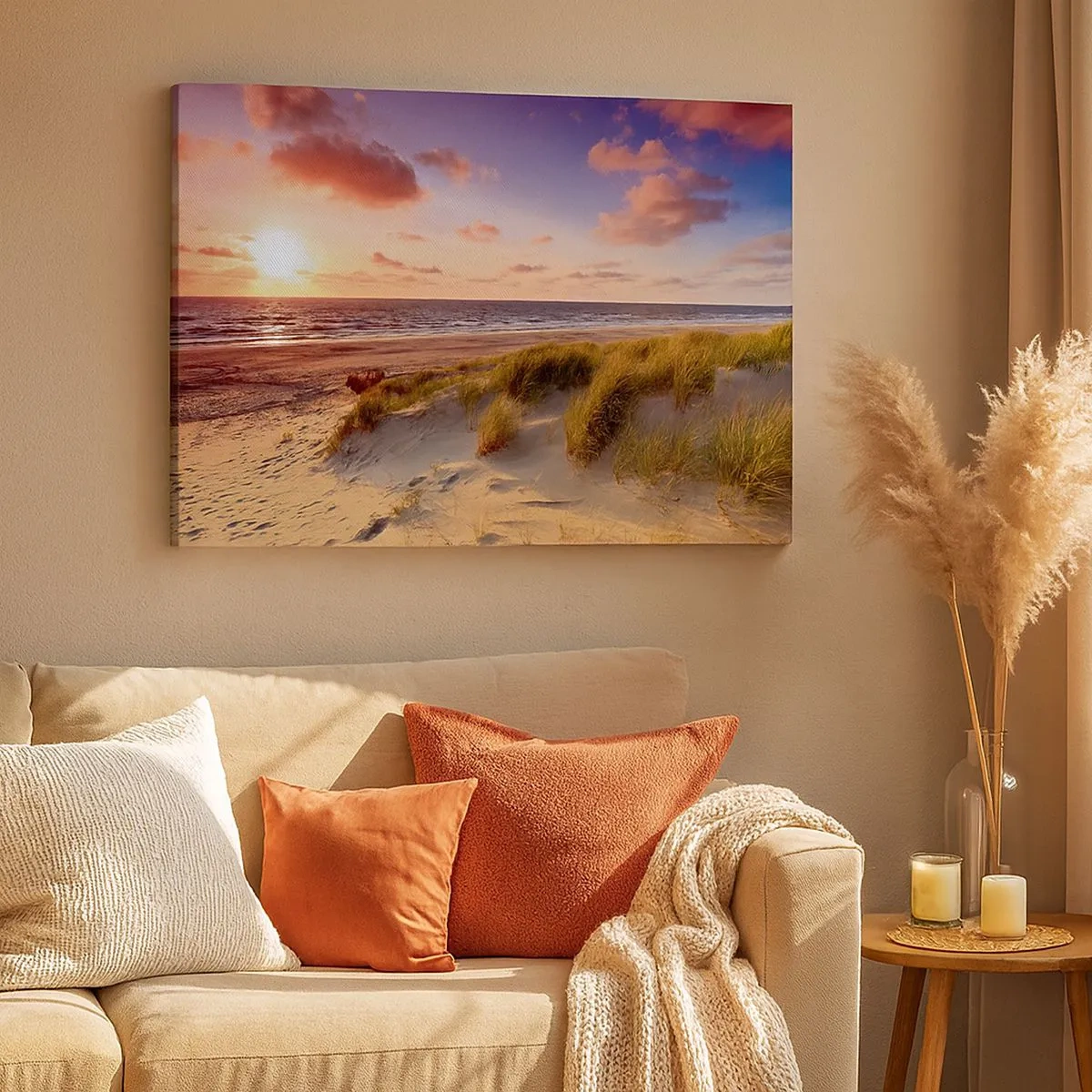 Bild auf Leinwand - Leinwandbild - Ein grasbewachsener Strand und ein Sonnenuntergang über einem ruhigen Meer - 70x50cm - Die Luft riecht schon im Sommer - Moderne Wanddekoration für Wohnzimmer und Schlafzimmer ARTTOR