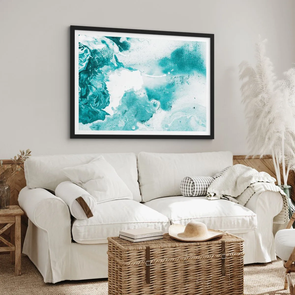Poster in einem schwarzem Rahmen - Abstraktion in Blautönen mit zarten Akzenten in Weiß - 70x50cm - Morast von Blau - Moderne Wanddekoration für Wohnzimmer und Schlafzimmer ARTTOR