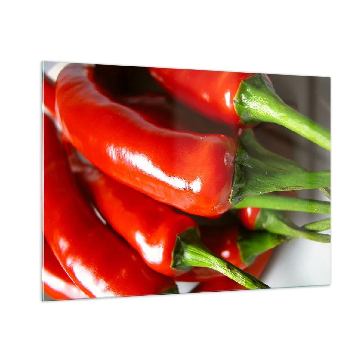 Glasbild - Bild auf glas - Rote Chilischoten mit grünen Stielen - 100x70cm - Saftig, glänzend, glatt - Moderne Wanddekoration für Wohnzimmer und Schlafzimmer ARTTOR