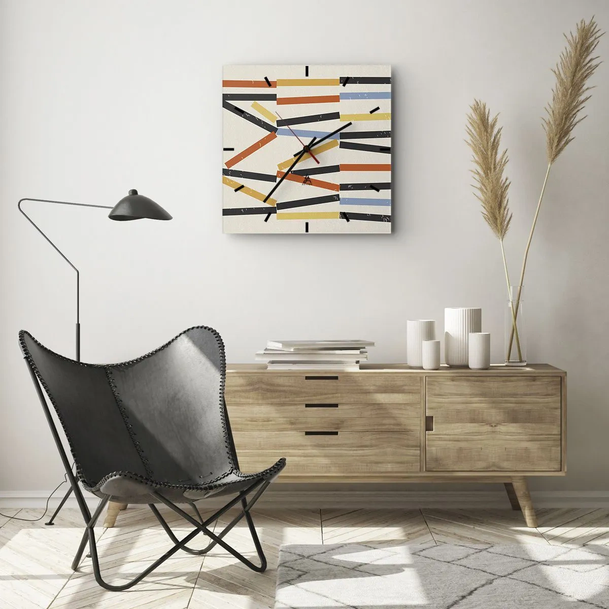 Wanduhr - Glasuhr - Abstrakte Komposition mit farbigen und schwarzen Rechtecken in horizontaler Anordnung - 30x30cm - Komposition auf der Ebene - Moderne Wanddekoration für Wohnzimmer und Schlafzimmer ARTTOR