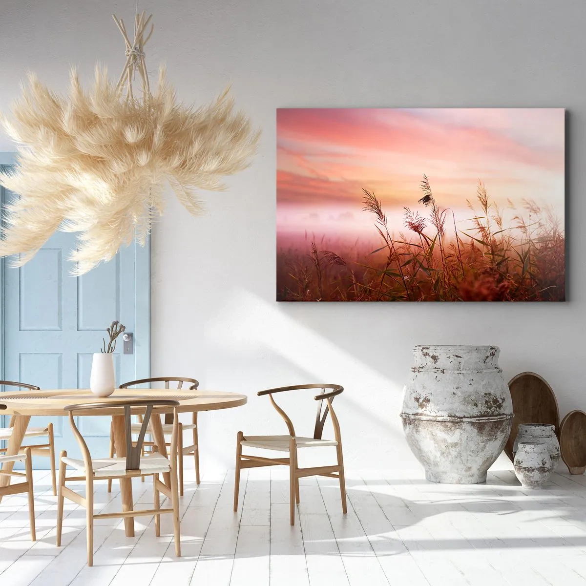 Bild auf Leinwand - Leinwandbild - Ein Grasfeld vor der Kulisse eines malerischen Sonnenuntergangs - 100x70cm - Drachen, Löwenzahn, Wind - Moderne Wanddekoration für Wohnzimmer und Schlafzimmer ARTTOR