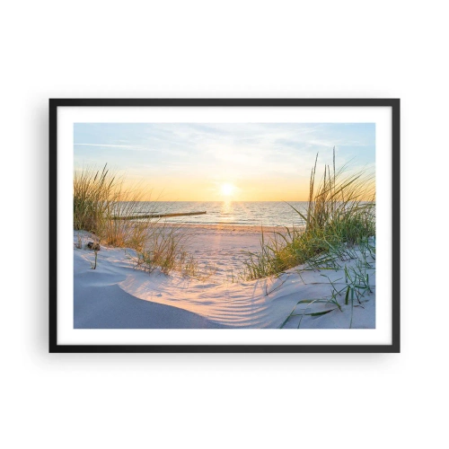 Poster in einem schwarzem Rahmen - Ein Sandstrand mit Blick auf den Sonnenuntergang über dem Meer - 70x50cm - Das Rauschen des Meeres, der Gesang der Vögel, ein wilder Strand im Gras ... - Moderne Wanddekoration für Wohnzimmer und Schlafzimmer ARTTOR