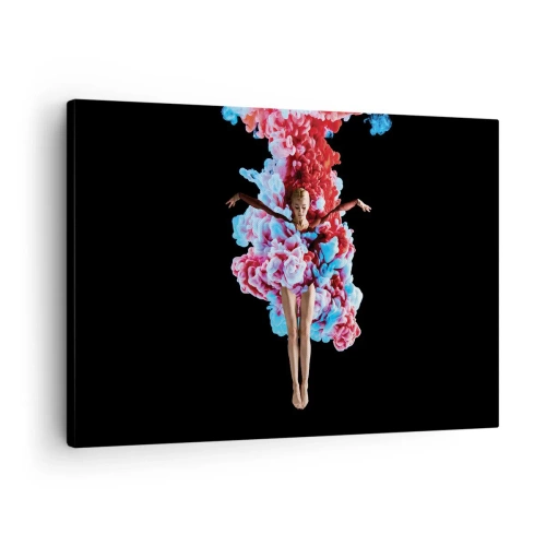 Bild auf Leinwand - Leinwandbild - Eine Tänzerin, umgeben von buntem Rauch auf schwarzem Hintergrund - 70x50cm - In voller Blüte - Moderne Wanddekoration für Wohnzimmer und Schlafzimmer ARTTOR