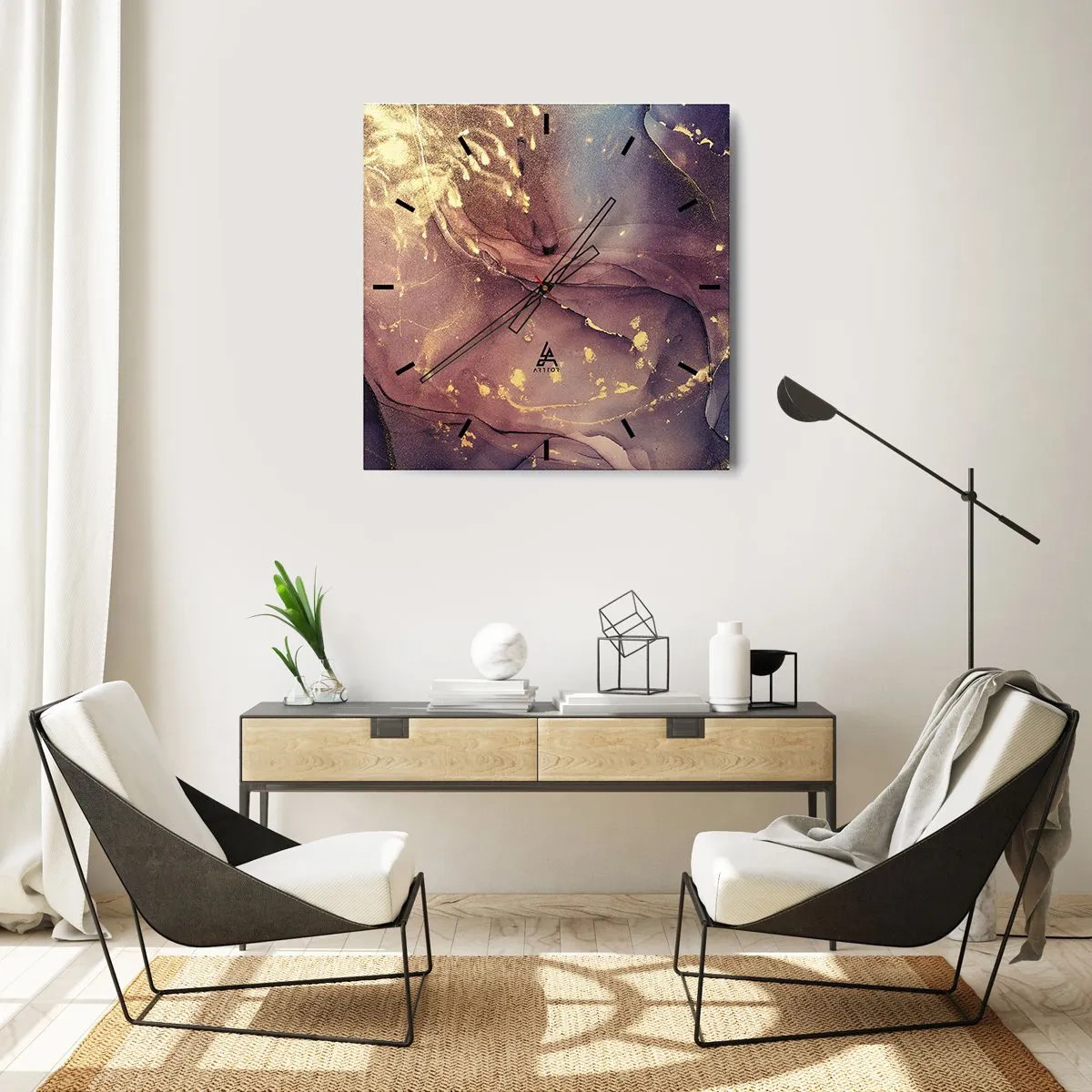 Wanduhr - Glasuhr - Abstrakte Komposition mit Gold- und Lilatönen - 30x30cm - Materie und Geist - Moderne Wanddekoration für Wohnzimmer und Schlafzimmer ARTTOR